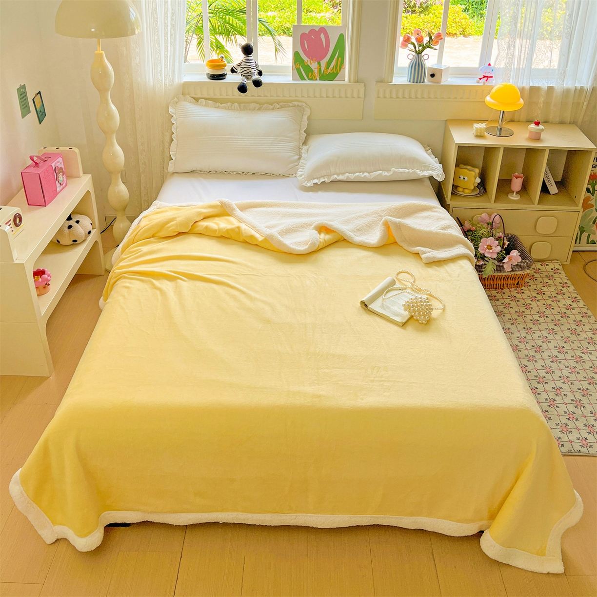 91家纺网 家纺一手货源 找家纺 名兮 2025新款秋冬高克重牛奶绒羊羔绒多功能盖毯 毛毯-米月黄