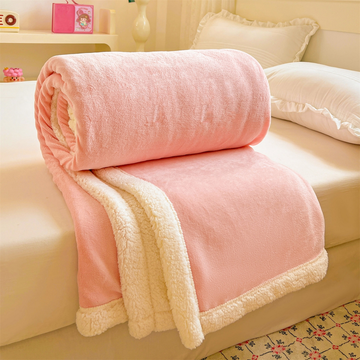 名兮 2025新款秋冬高克重牛奶绒羊羔绒多功能盖毯 毛毯-浅粉
