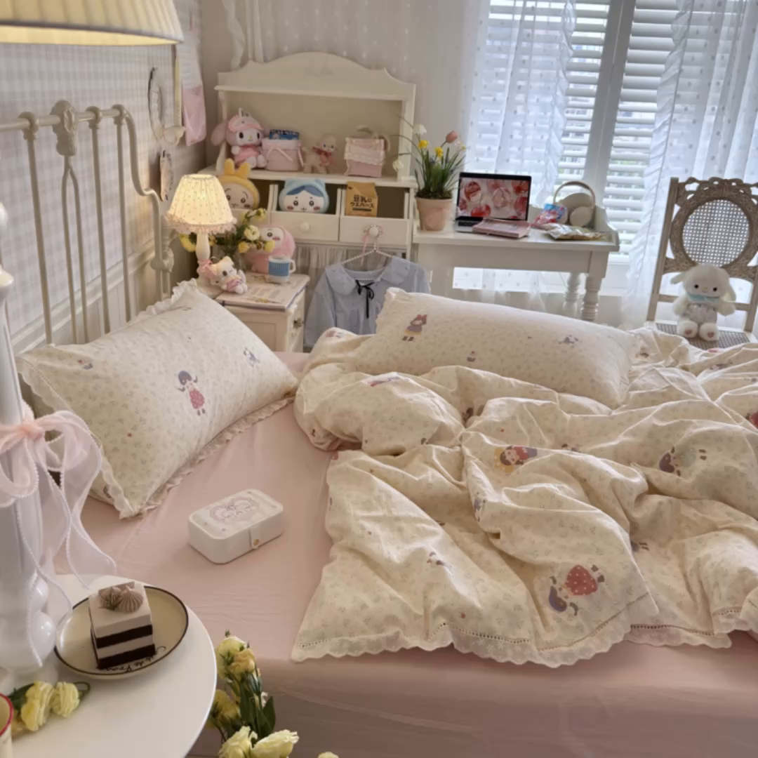 91家纺网 家纺一手货源 找家纺 初念 2025新款1云感双层纱四件套-梦华 梦华-花丛女孩