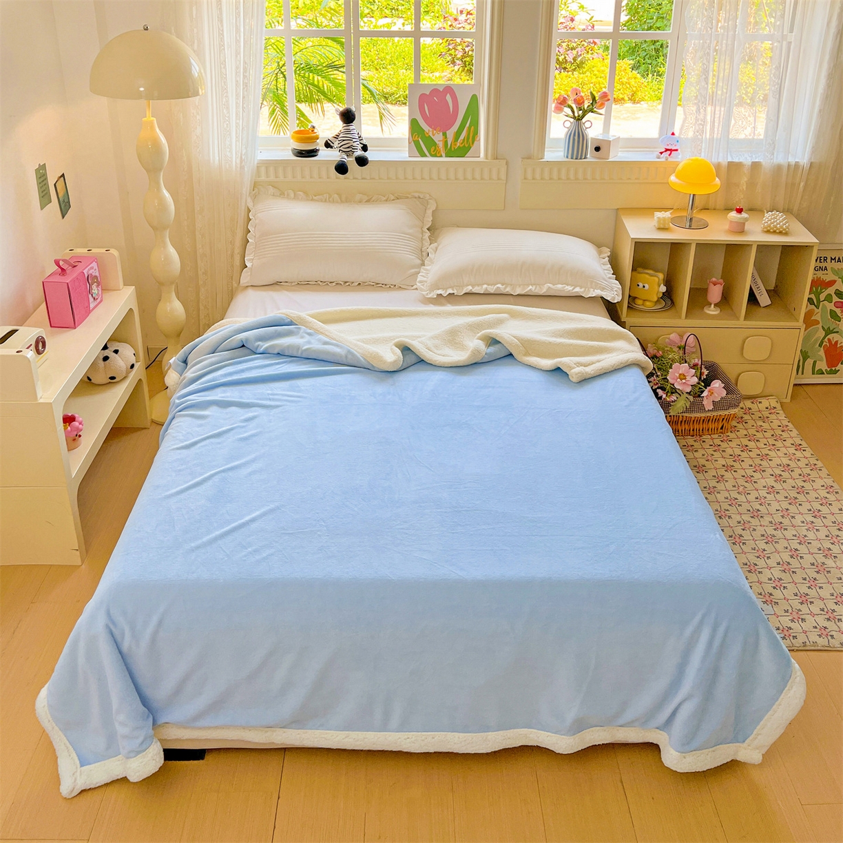 91家纺网 家纺一手货源 找家纺 名兮 2025新款秋冬高克重牛奶绒羊羔绒多功能盖毯 毛毯-水蓝