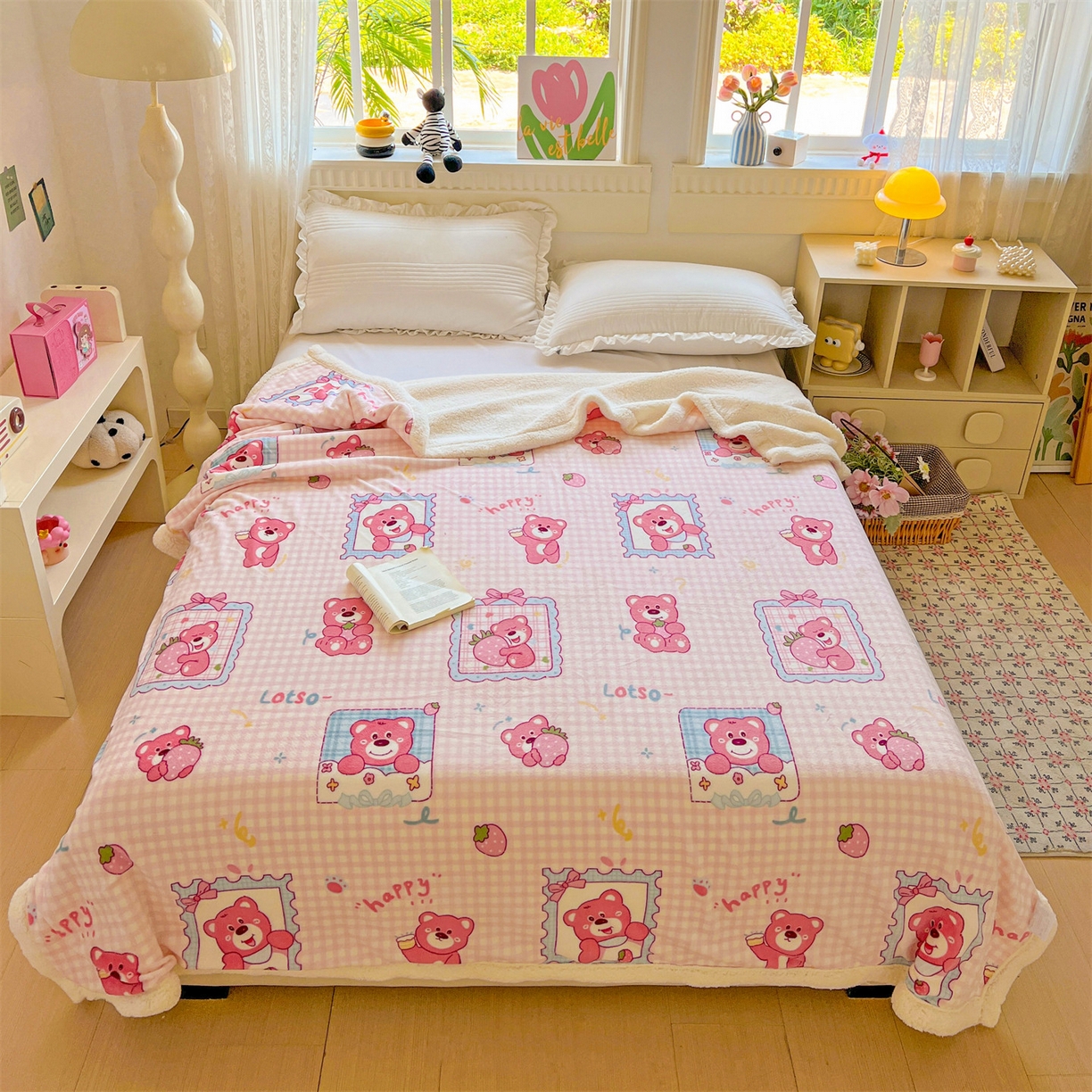 91家纺网 家纺一手货源 找家纺 名兮 2025新款秋冬高克重牛奶绒羊羔绒多功能盖毯 毛毯-甜蜜熊仔