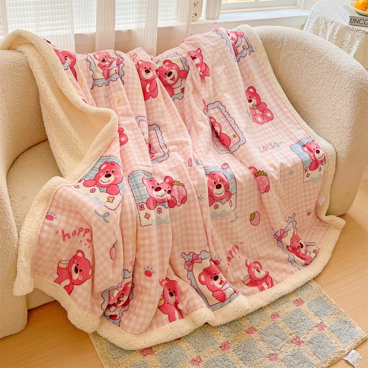 91家纺网 家纺一手货源 找家纺 名兮 2025新款秋冬高克重牛奶绒羊羔绒多功能盖毯 毛毯-甜蜜熊仔