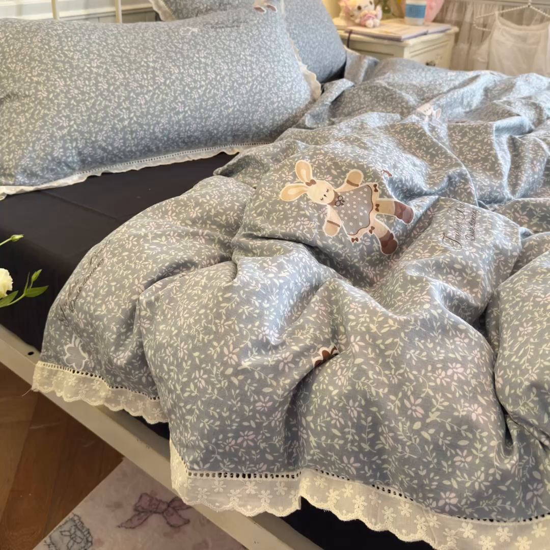 91家纺网 家纺一手货源 找家纺 初念 2025新款1云感双层纱四件套-梦华 梦华-花丛萌兔