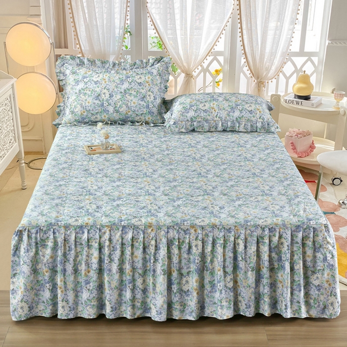 91家纺网 家纺一手货源 找家纺 益利多 2025新款全棉碎花纯棉卡通夹棉床裙单床裙三件套 薄荷微风