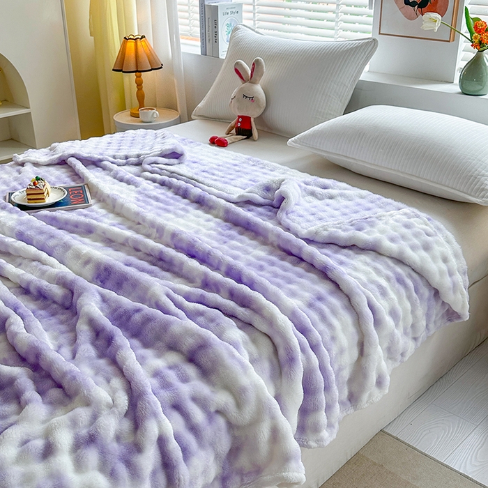 91家纺网 家纺一手货源 找家纺 栩裕纺织 2025春夏新款仿兔毛泡泡绒毛毯毯子多功能盖毯-炫彩系列 炫彩紫