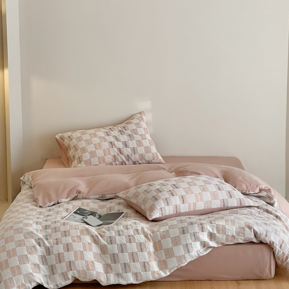 91家纺网 家纺一手货源 找家纺 （总）云上 2025新款三层纱全棉纯棉色织大提花曲奇格子四件套