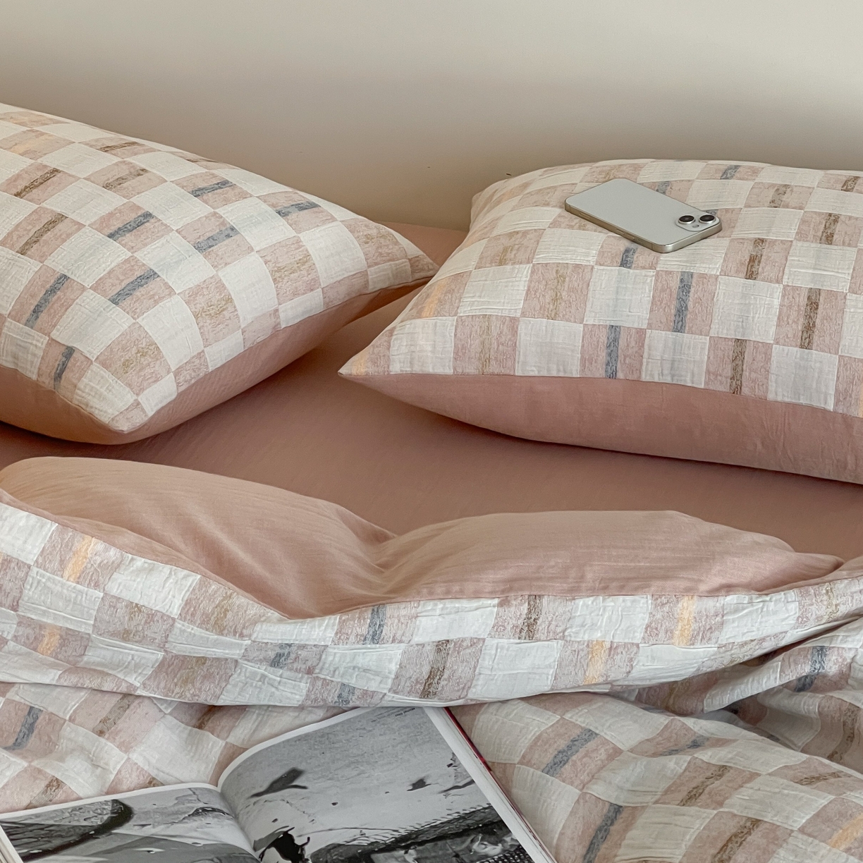 91家纺网 家纺一手货源 找家纺 （总）云上 2025新款三层纱全棉纯棉色织大提花曲奇格子四件套