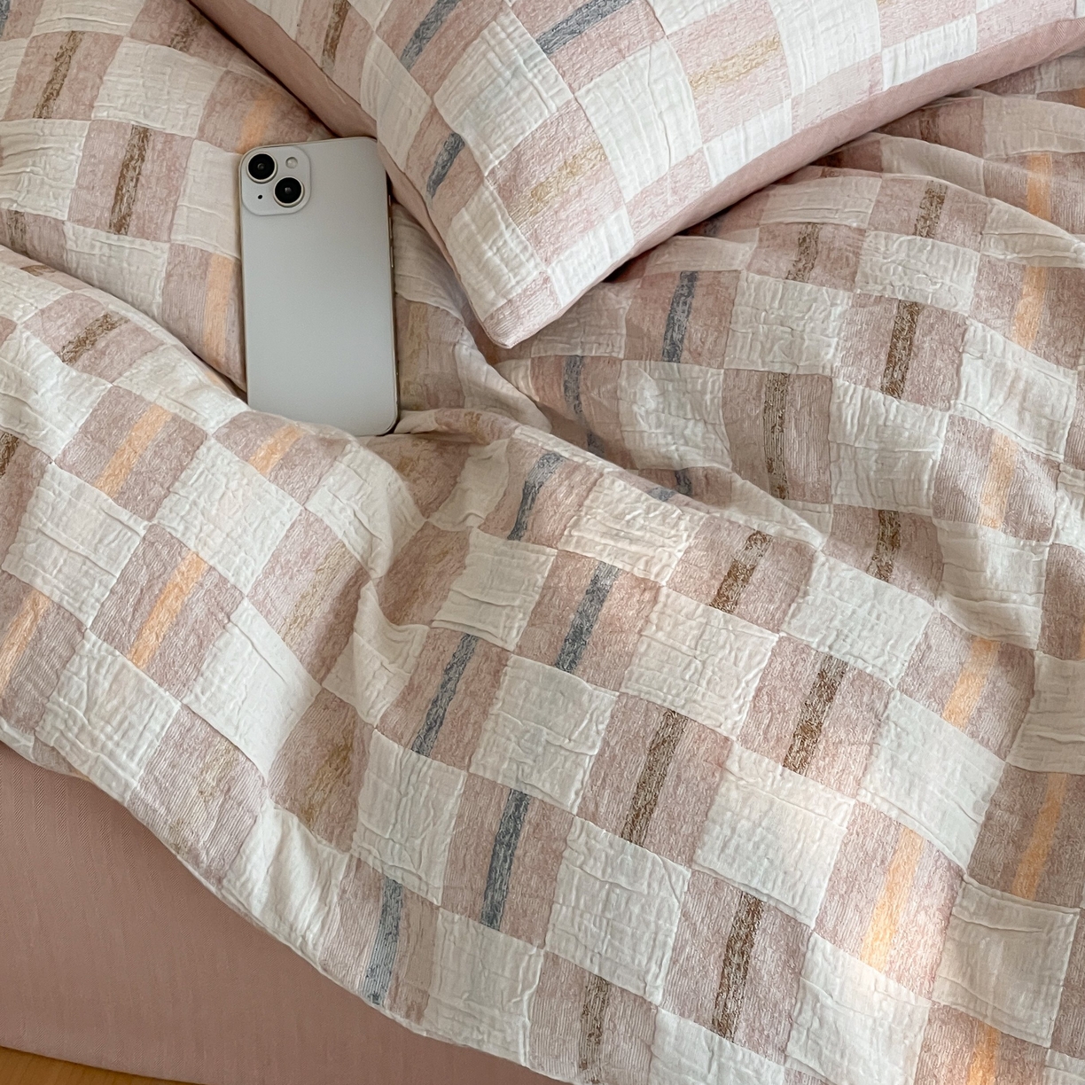 91家纺网 家纺一手货源 找家纺 （总）云上 2025新款三层纱全棉纯棉色织大提花曲奇格子四件套