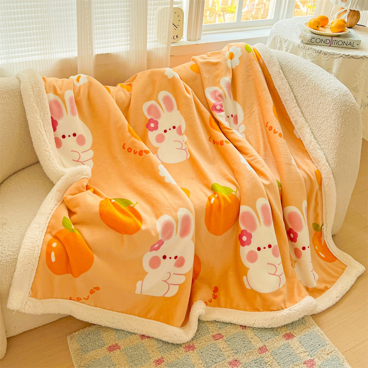 91家纺网 家纺一手货源 找家纺 名兮 2025新款秋冬高克重牛奶绒羊羔绒多功能盖毯 毛毯-兔兔派对