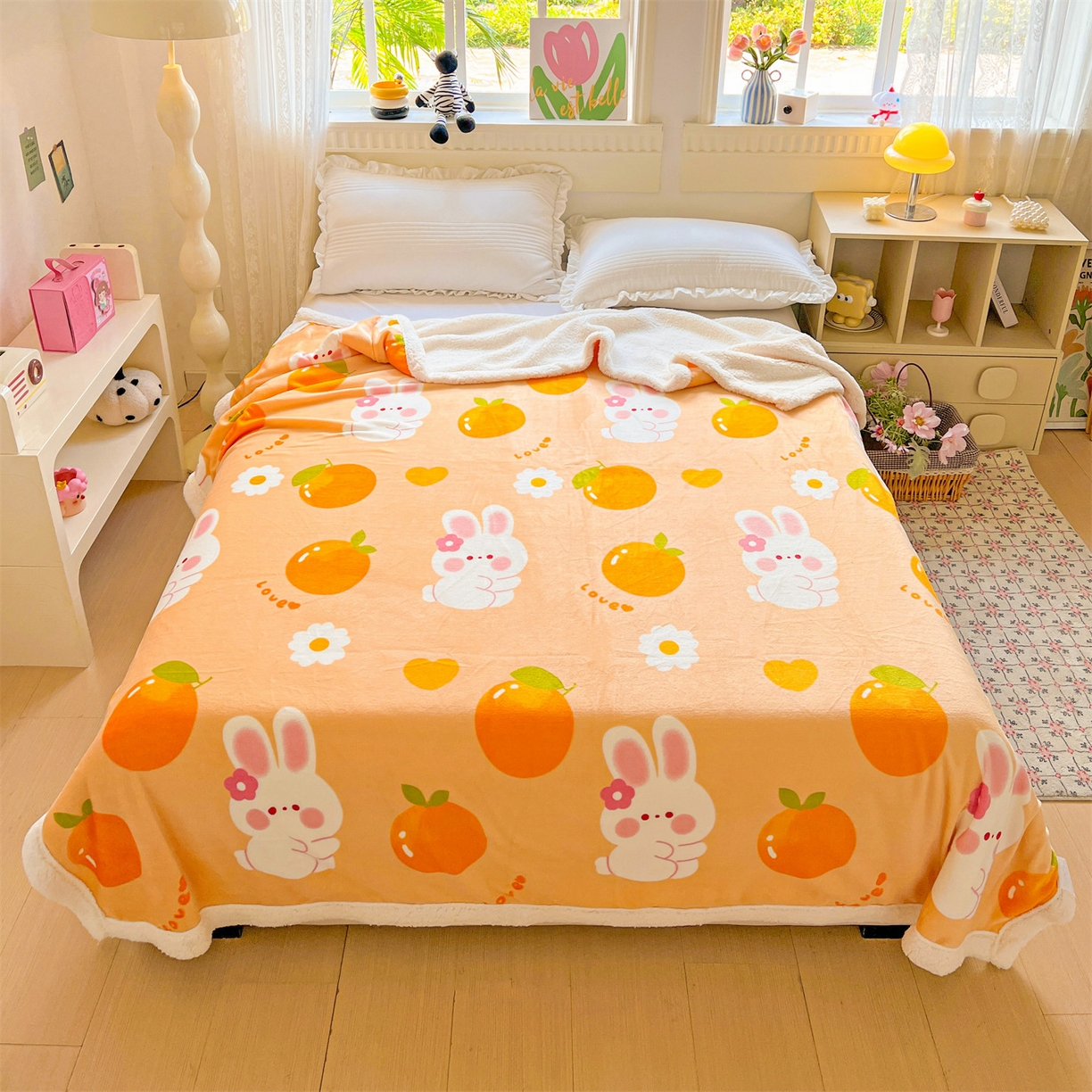 91家纺网 家纺一手货源 找家纺 名兮 2025新款秋冬高克重牛奶绒羊羔绒多功能盖毯 毛毯-兔兔派对