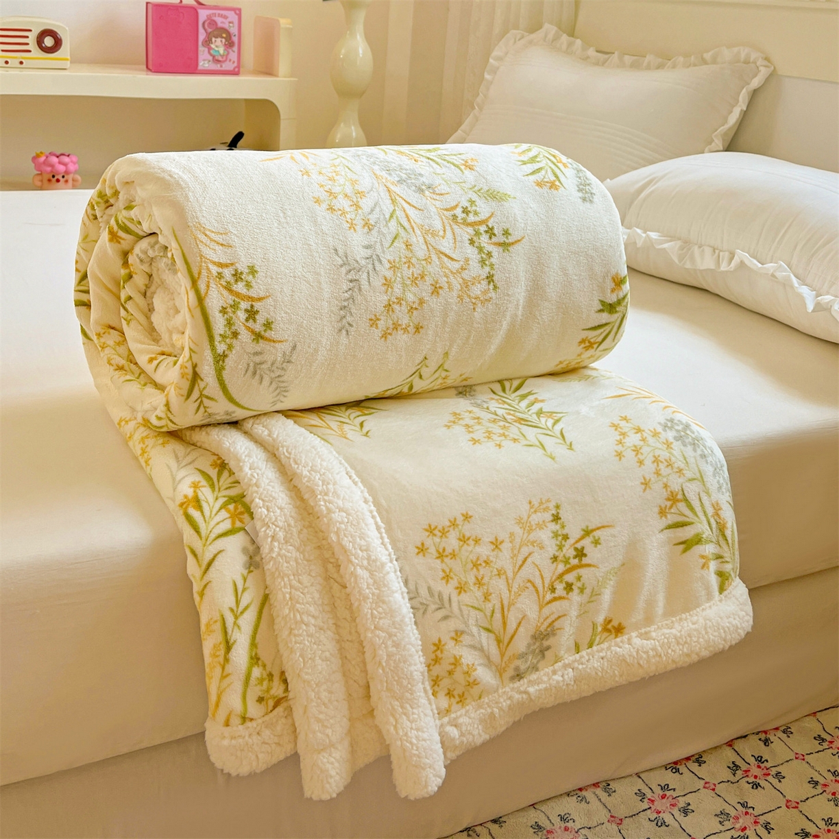 名兮 2025新款秋冬高克重牛奶绒羊羔绒多功能盖毯 毛毯-仙草