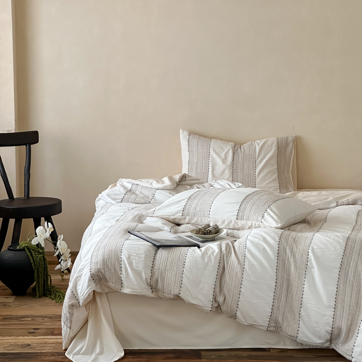 91家纺网 家纺一手货源 找家纺 云上 2025新款法式全棉纯棉串绳华夫格四件套 串绳-米白