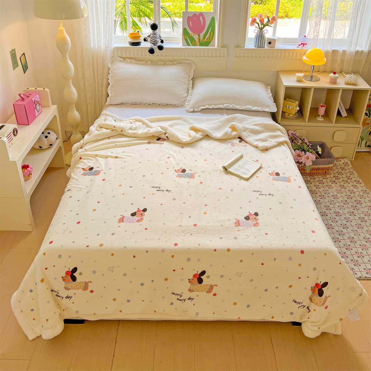 91家纺网 家纺一手货源 找家纺 名兮 2025新款秋冬高克重牛奶绒羊羔绒多功能盖毯 毛毯-星星狗