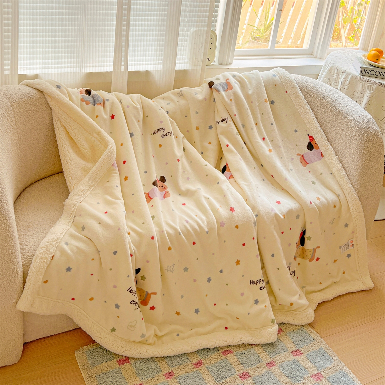 91家纺网 家纺一手货源 找家纺 名兮 2025新款秋冬高克重牛奶绒羊羔绒多功能盖毯 毛毯-星星狗