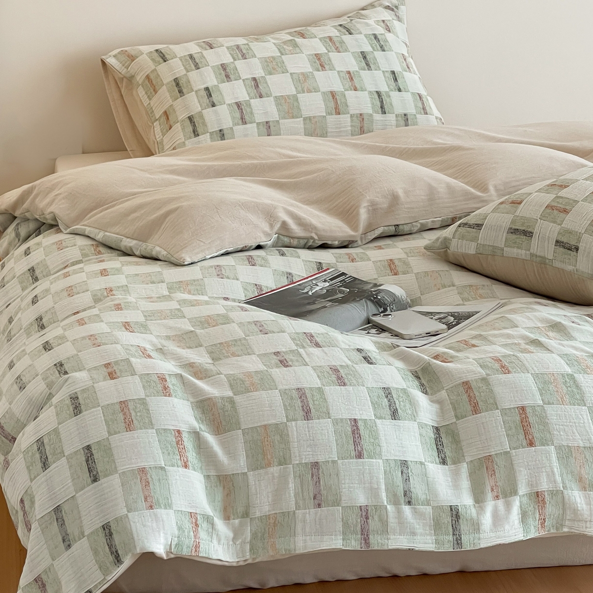 91家纺网 家纺一手货源 找家纺 （总）云上 2025新款三层纱全棉纯棉色织大提花曲奇格子四件套