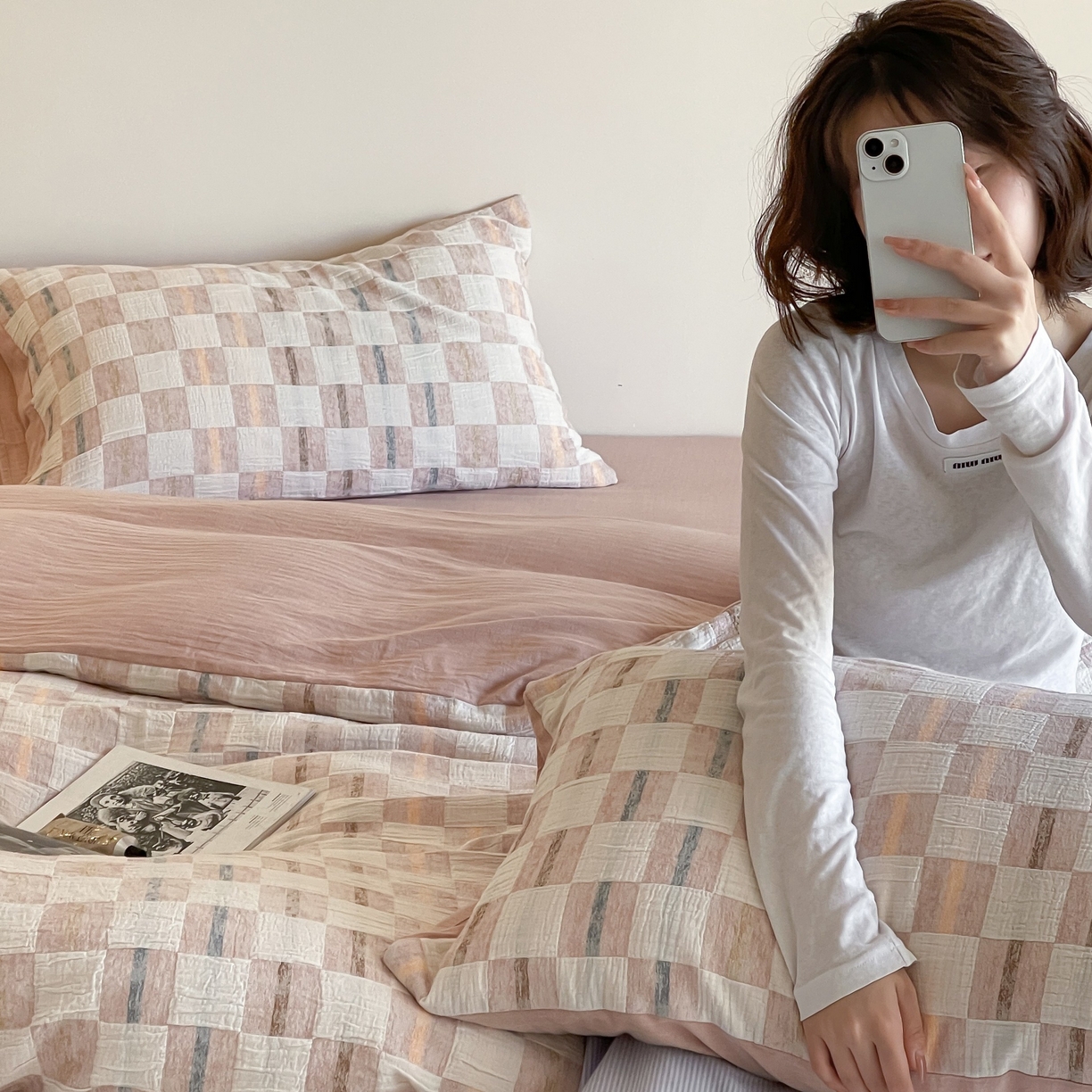 91家纺网 家纺一手货源 找家纺 云上 2025新款三层纱全棉纯棉色织大提花曲奇格子四件套 曲奇粉格