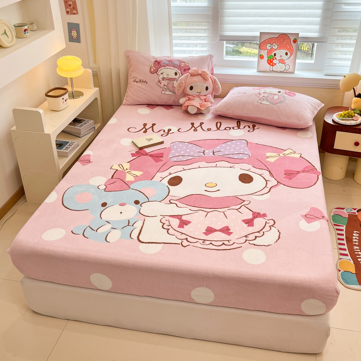 91家纺网 家纺一手货源 找家纺 金爱家 2025新款大版三丽鸥高克重牛奶绒保暖床笠 绒单品-公主美乐蒂