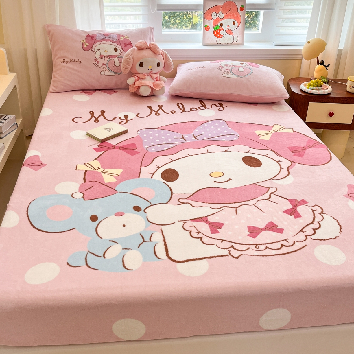 91家纺网 家纺一手货源 找家纺 金爱家 2025新款大版三丽鸥高克重牛奶绒保暖床笠 绒单品-公主美乐蒂