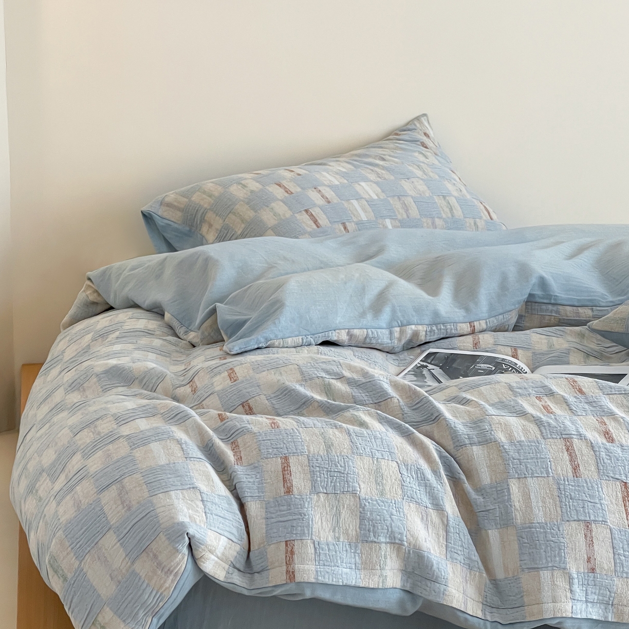 云上 2025新款三层纱全棉纯棉色织大提花曲奇格子四件套 曲奇蓝格