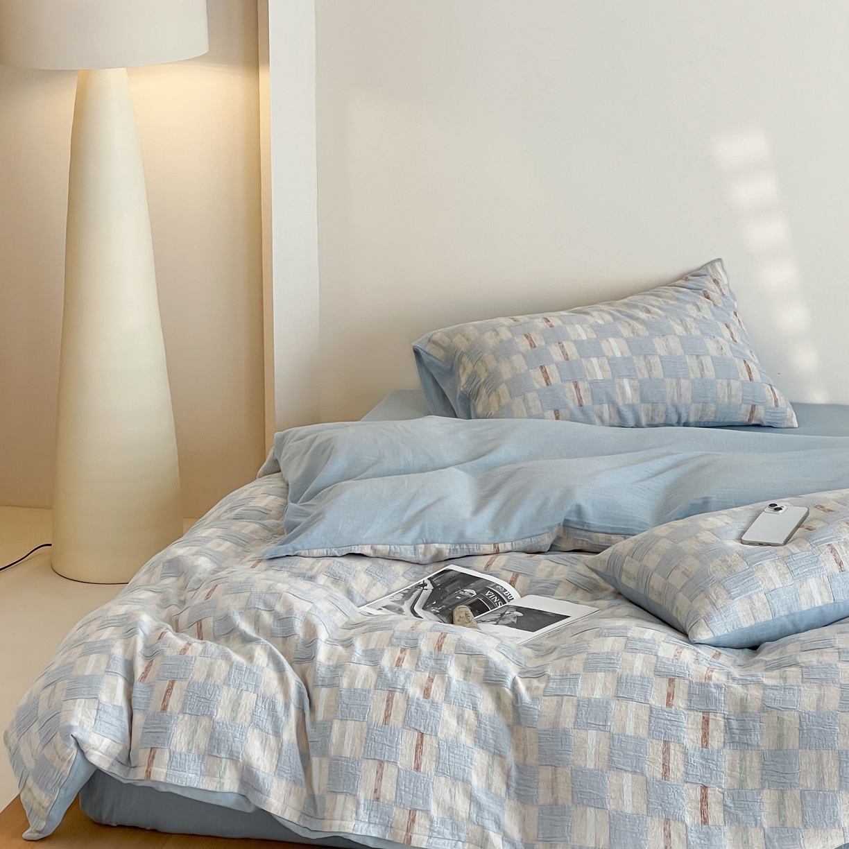 91家纺网 家纺一手货源 找家纺 云上 2025新款三层纱全棉纯棉色织大提花曲奇格子四件套 曲奇蓝格