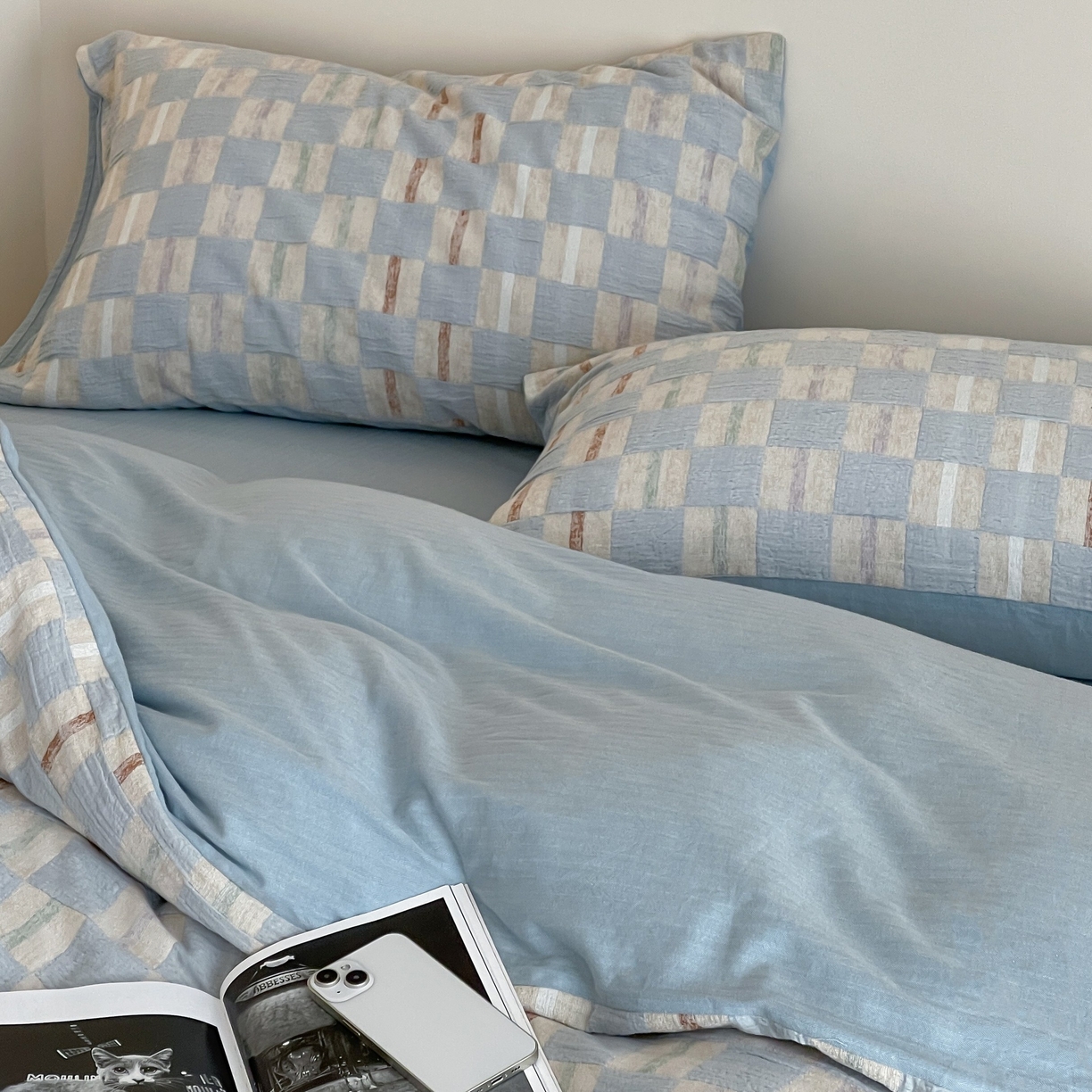 91家纺网 家纺一手货源 找家纺 云上 2025新款三层纱全棉纯棉色织大提花曲奇格子四件套 曲奇蓝格