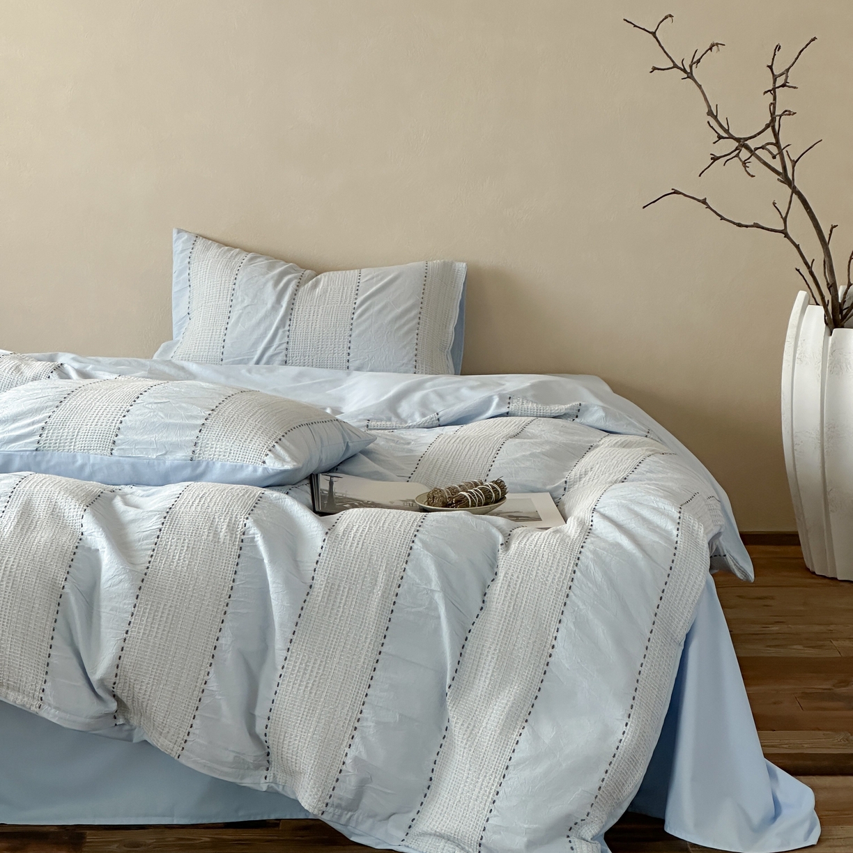 云上 2025新款法式全棉纯棉串绳华夫格四件套 串绳-浅蓝