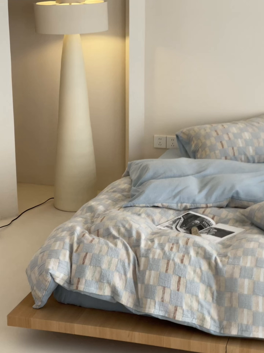 91家纺网 家纺一手货源 找家纺 云上 2025新款三层纱全棉纯棉色织大提花曲奇格子四件套 曲奇蓝格