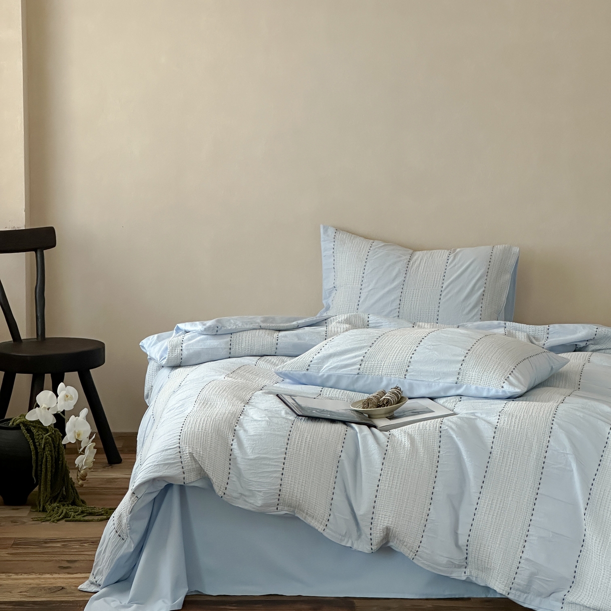 91家纺网 家纺一手货源 找家纺 云上 2025新款法式全棉纯棉串绳华夫格四件套 串绳-浅蓝