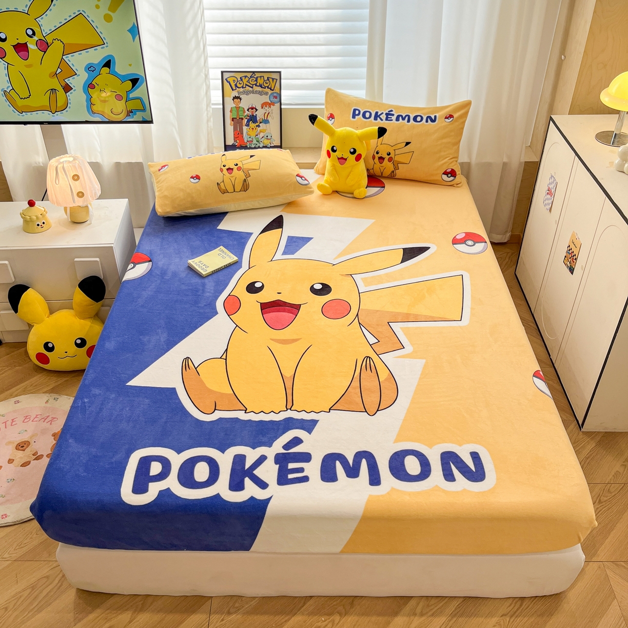 91家纺网 家纺一手货源 找家纺 （总）暮思家居 2025新款正版授权宝可梦大版牛奶绒数码印花单品床笠单件床笠(带标价格）