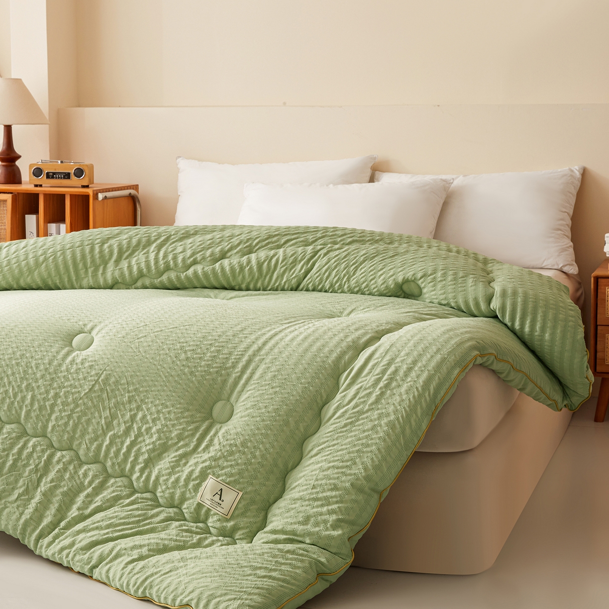 91家纺网 家纺一手货源 找家纺 合纵跨境工厂 2025秋冬新款7A抗菌A类大豆被子被芯跨境外贸一件代发亚马逊希音包过核价-双喷提花泡泡棉大豆被 仙踪绿