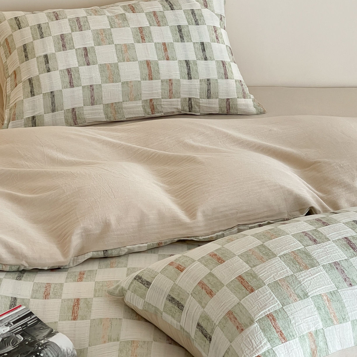 91家纺网 家纺一手货源 找家纺 云上 2025新款三层纱全棉纯棉色织大提花曲奇格子四件套 曲奇绿格