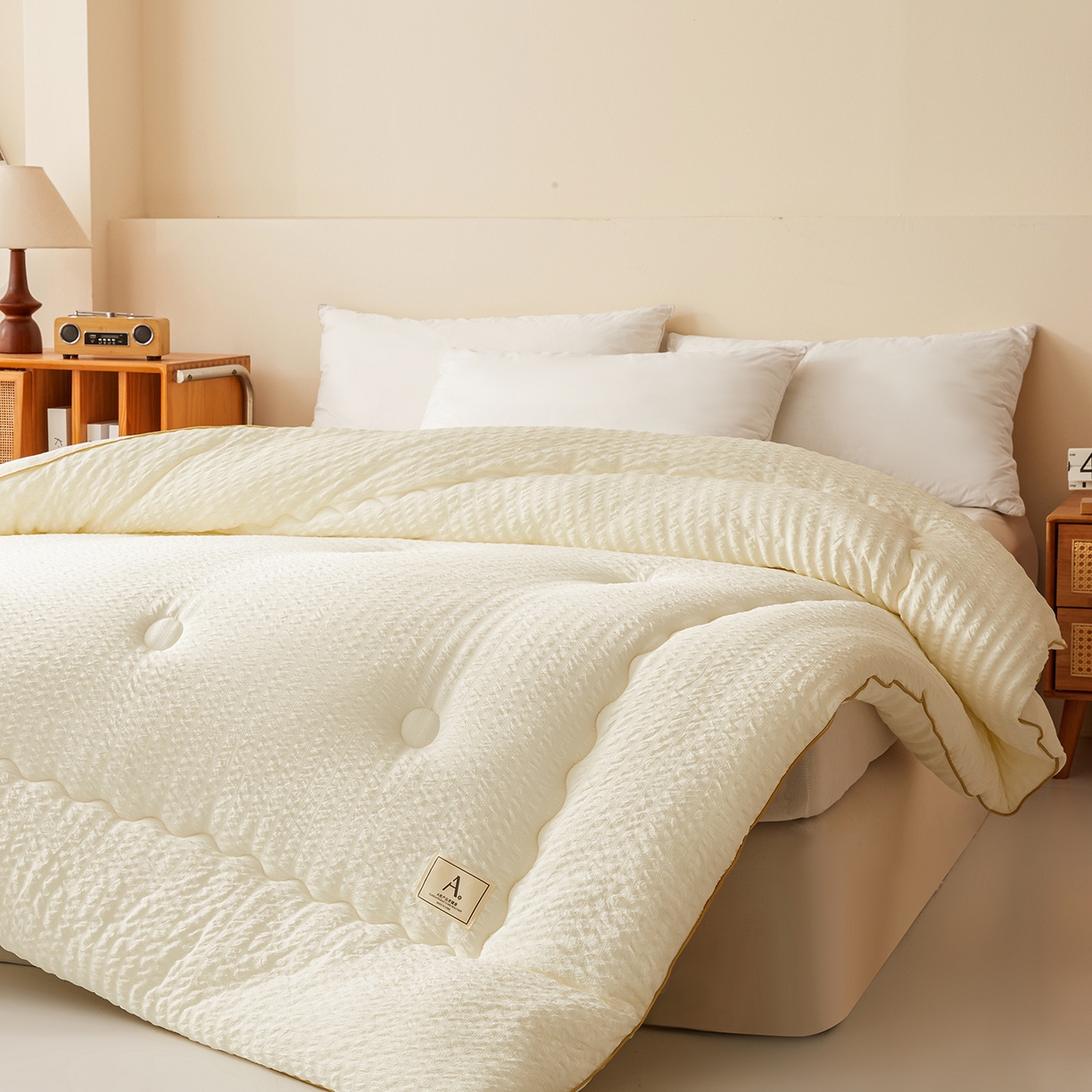 91家纺网 家纺一手货源 找家纺 合纵跨境工厂 2025秋冬新款7A抗菌A类大豆被子被芯跨境外贸一件代发亚马逊希音包过核价-双喷提花泡泡棉大豆被 凝脂白