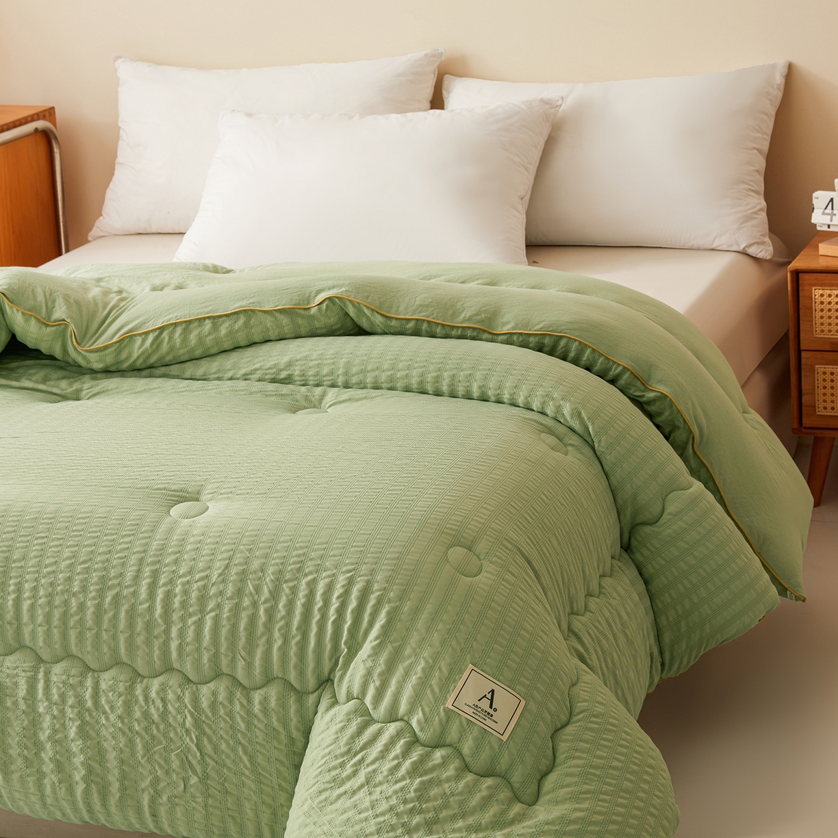 91家纺网 家纺一手货源 找家纺 合纵跨境工厂 2025秋冬新款7A抗菌A类大豆被子被芯跨境外贸一件代发亚马逊希音包过核价-双喷提花泡泡棉大豆被 仙踪绿