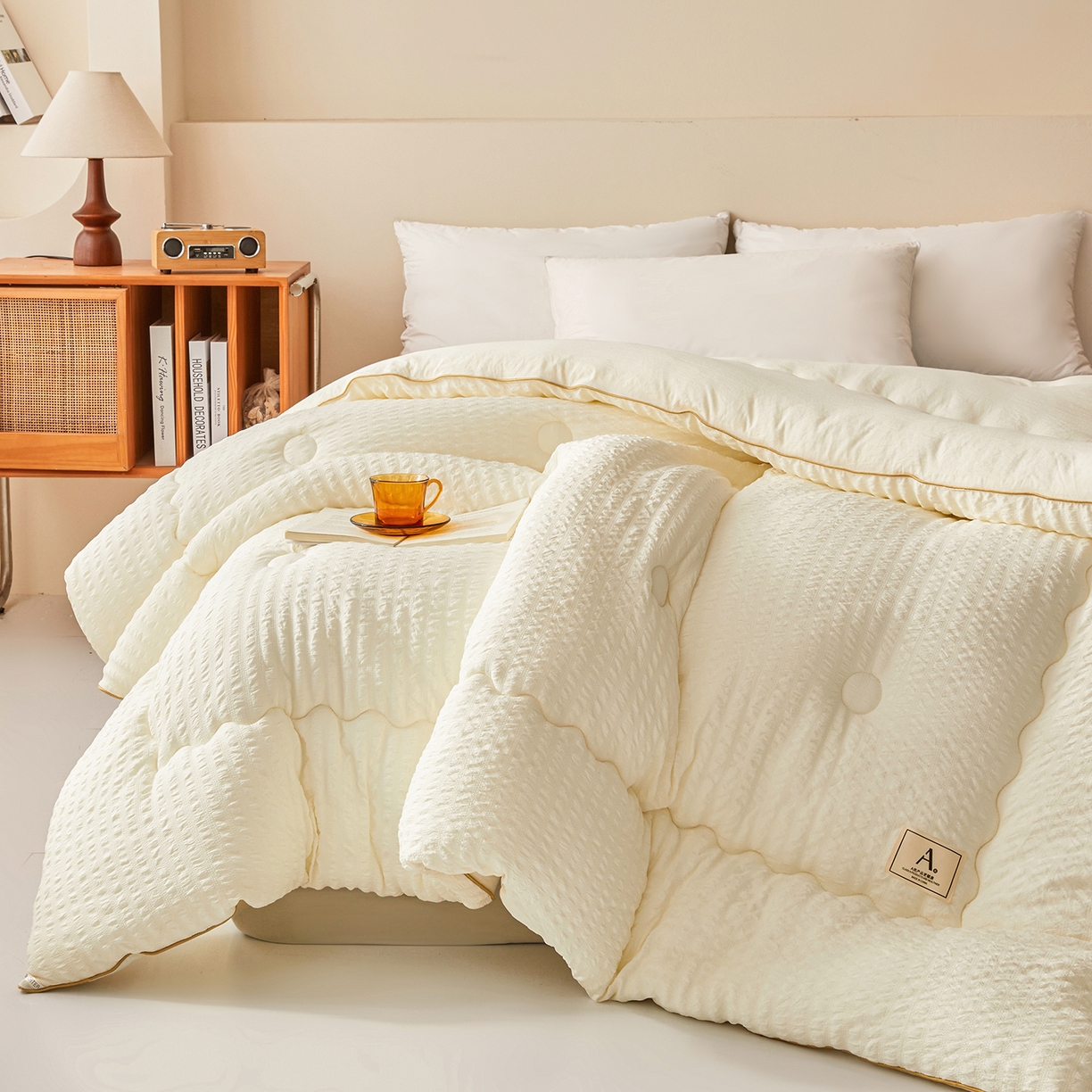 91家纺网 家纺一手货源 找家纺 合纵跨境工厂 2025秋冬新款7A抗菌A类大豆被子被芯跨境外贸一件代发亚马逊希音包过核价-双喷提花泡泡棉大豆被 凝脂白