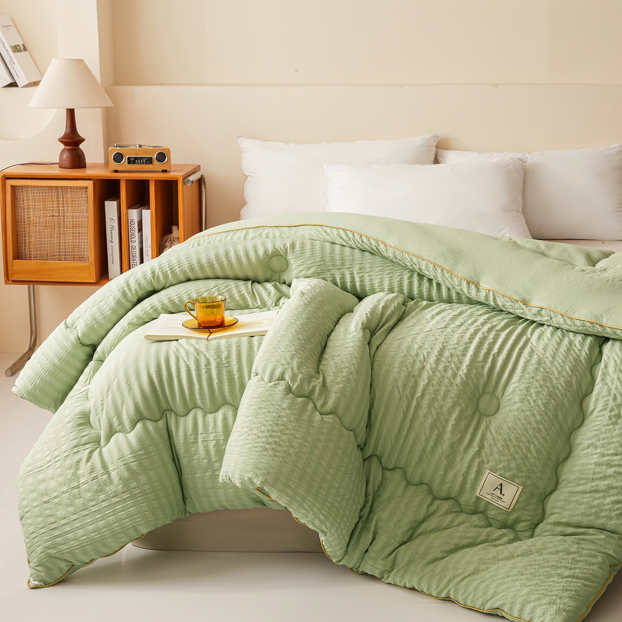 91家纺网 家纺一手货源 找家纺 合纵跨境工厂 2025秋冬新款7A抗菌A类大豆被子被芯跨境外贸一件代发亚马逊希音包过核价-双喷提花泡泡棉大豆被 仙踪绿