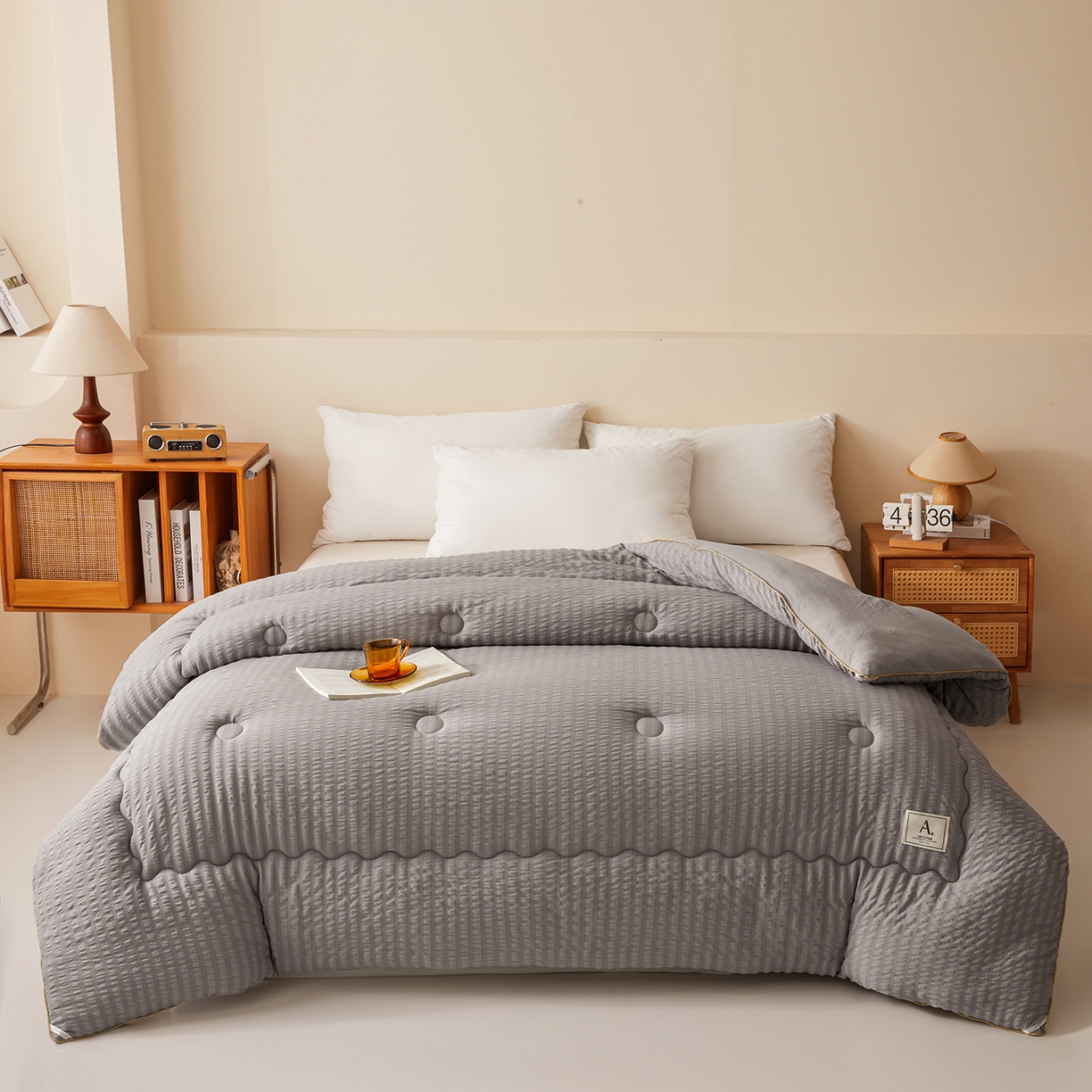 91家纺网 家纺一手货源 找家纺 合纵跨境工厂 2025秋冬新款7A抗菌A类大豆被子被芯跨境外贸一件代发亚马逊希音包过核价-双喷提花泡泡棉大豆被 高级灰