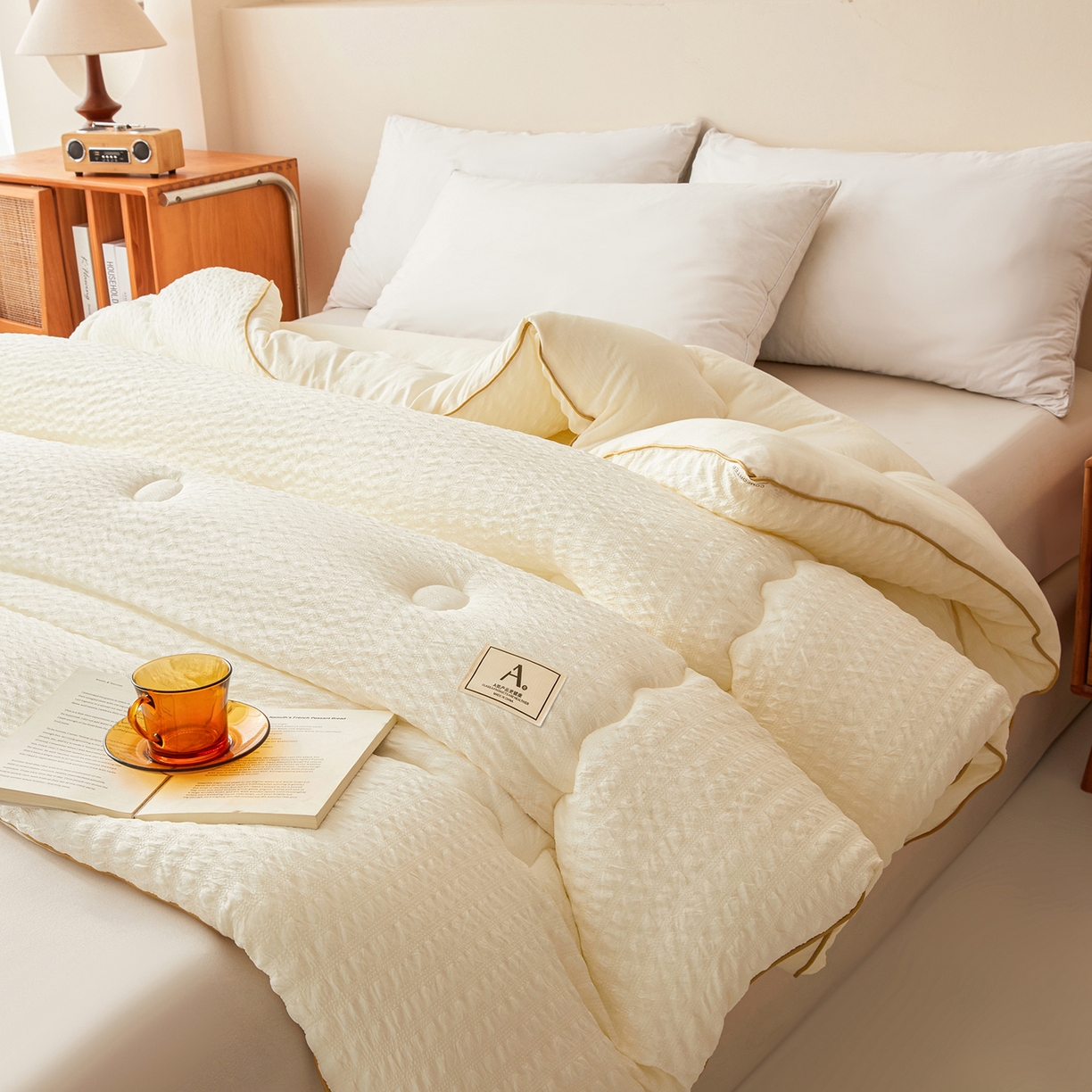 91家纺网 家纺一手货源 找家纺 合纵跨境工厂 2025秋冬新款7A抗菌A类大豆被子被芯跨境外贸一件代发亚马逊希音包过核价-双喷提花泡泡棉大豆被 凝脂白