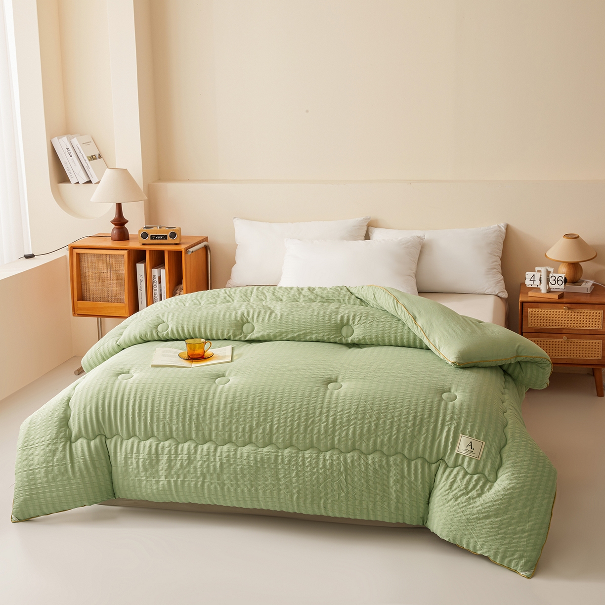 91家纺网 家纺一手货源 找家纺 合纵跨境工厂 2025秋冬新款7A抗菌A类大豆被子被芯跨境外贸一件代发亚马逊希音包过核价-双喷提花泡泡棉大豆被 仙踪绿