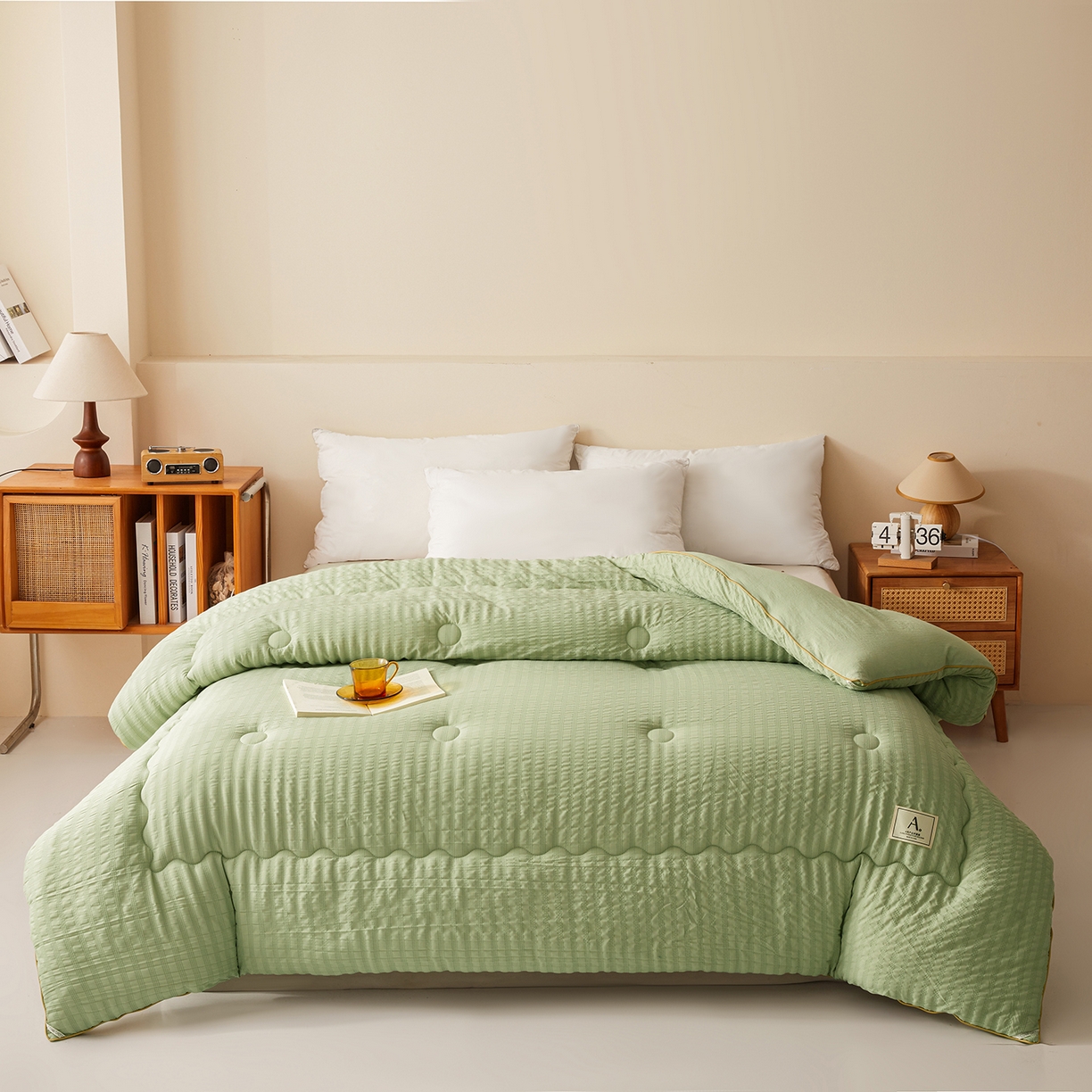 91家纺网 家纺一手货源 找家纺 合纵跨境工厂 2025秋冬新款7A抗菌A类大豆被子被芯跨境外贸一件代发亚马逊希音包过核价-双喷提花泡泡棉大豆被 仙踪绿