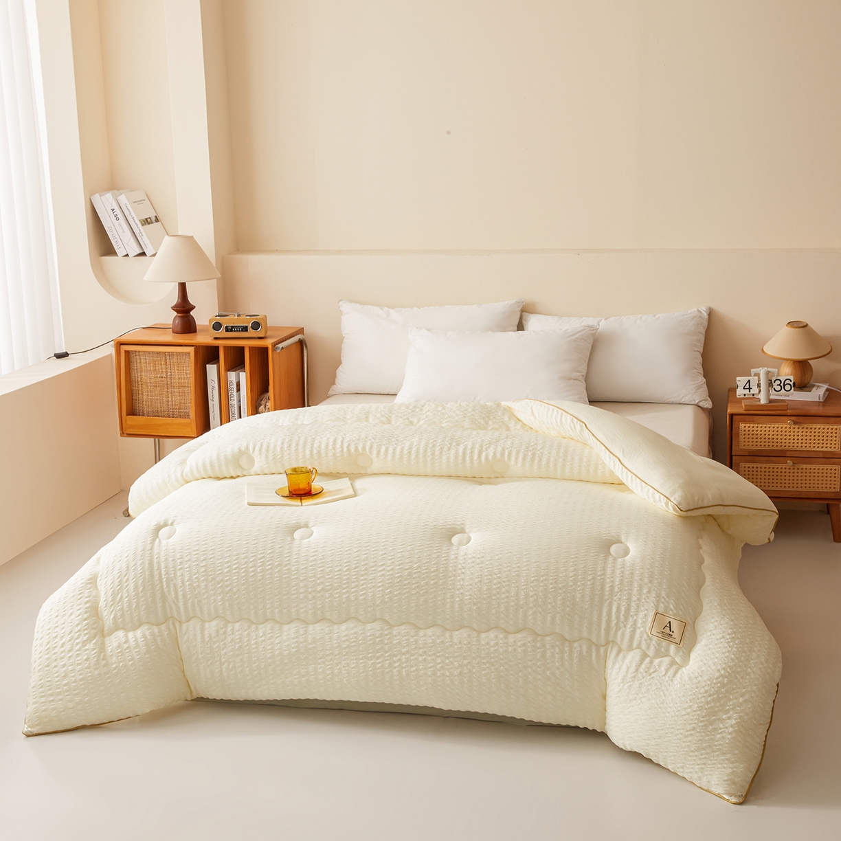 91家纺网 家纺一手货源 找家纺 合纵跨境工厂 2025秋冬新款7A抗菌A类大豆被子被芯跨境外贸一件代发亚马逊希音包过核价-双喷提花泡泡棉大豆被 凝脂白