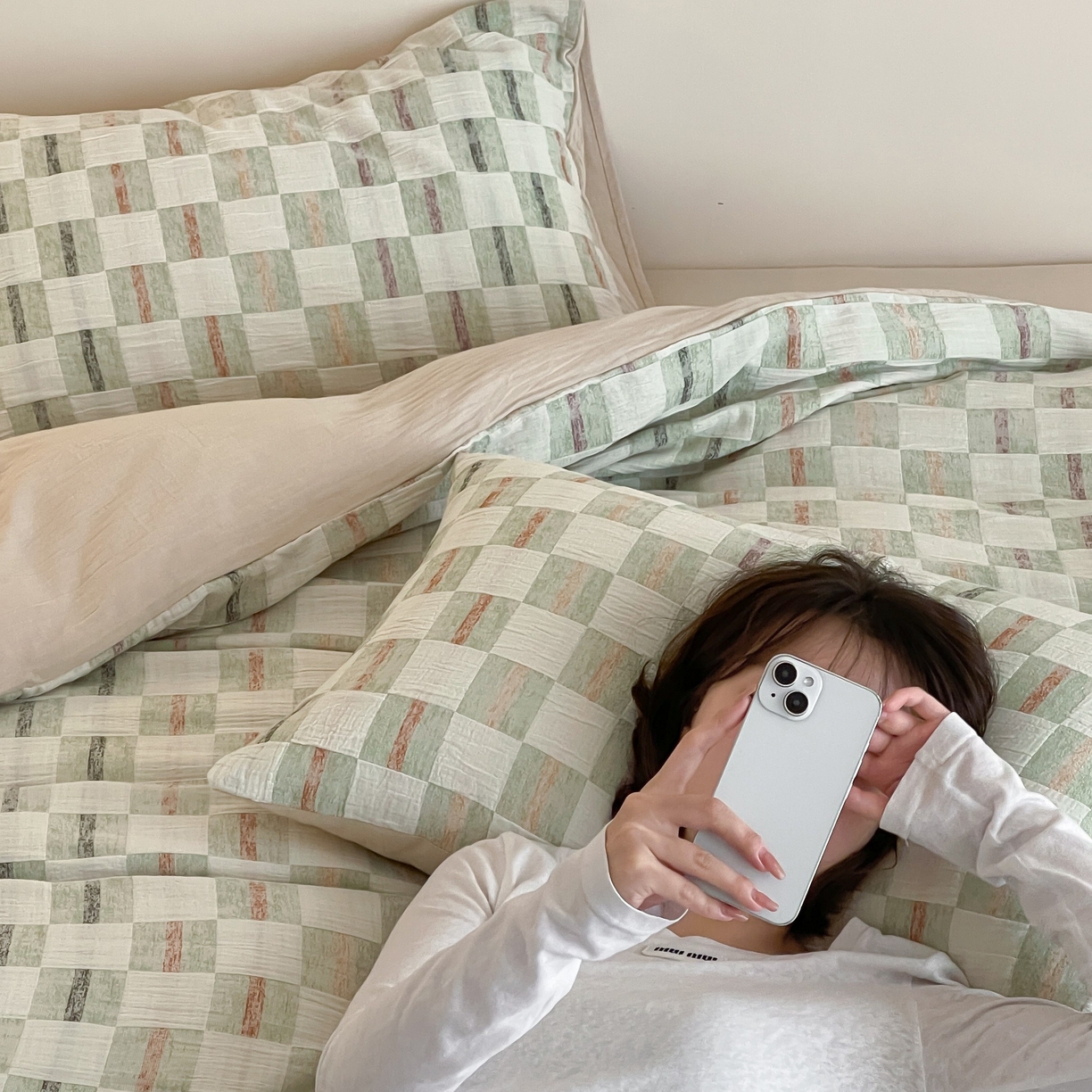 91家纺网 家纺一手货源 找家纺 云上 2025新款三层纱全棉纯棉色织大提花曲奇格子四件套 曲奇绿格