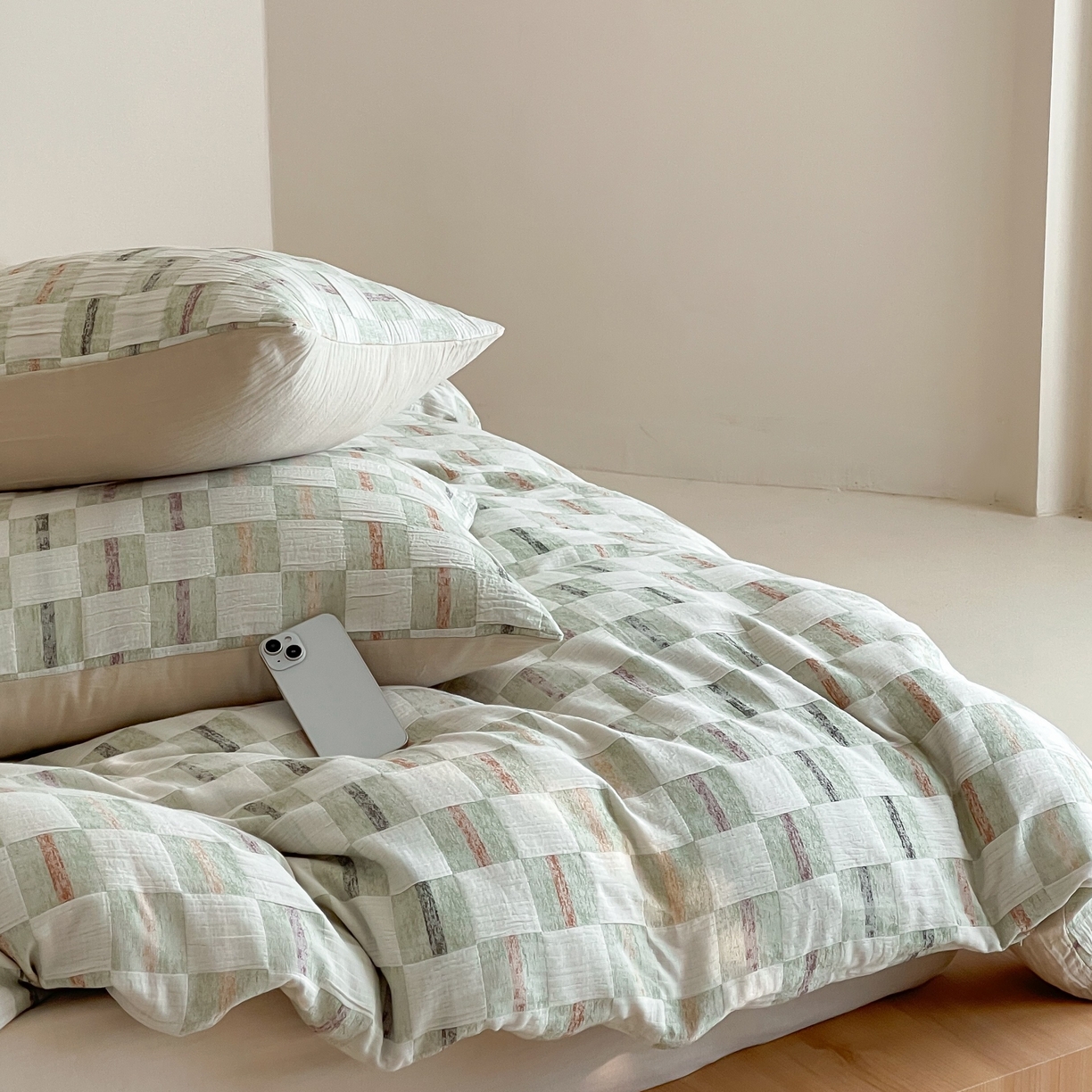 91家纺网 家纺一手货源 找家纺 云上 2025新款三层纱全棉纯棉色织大提花曲奇格子四件套 曲奇绿格