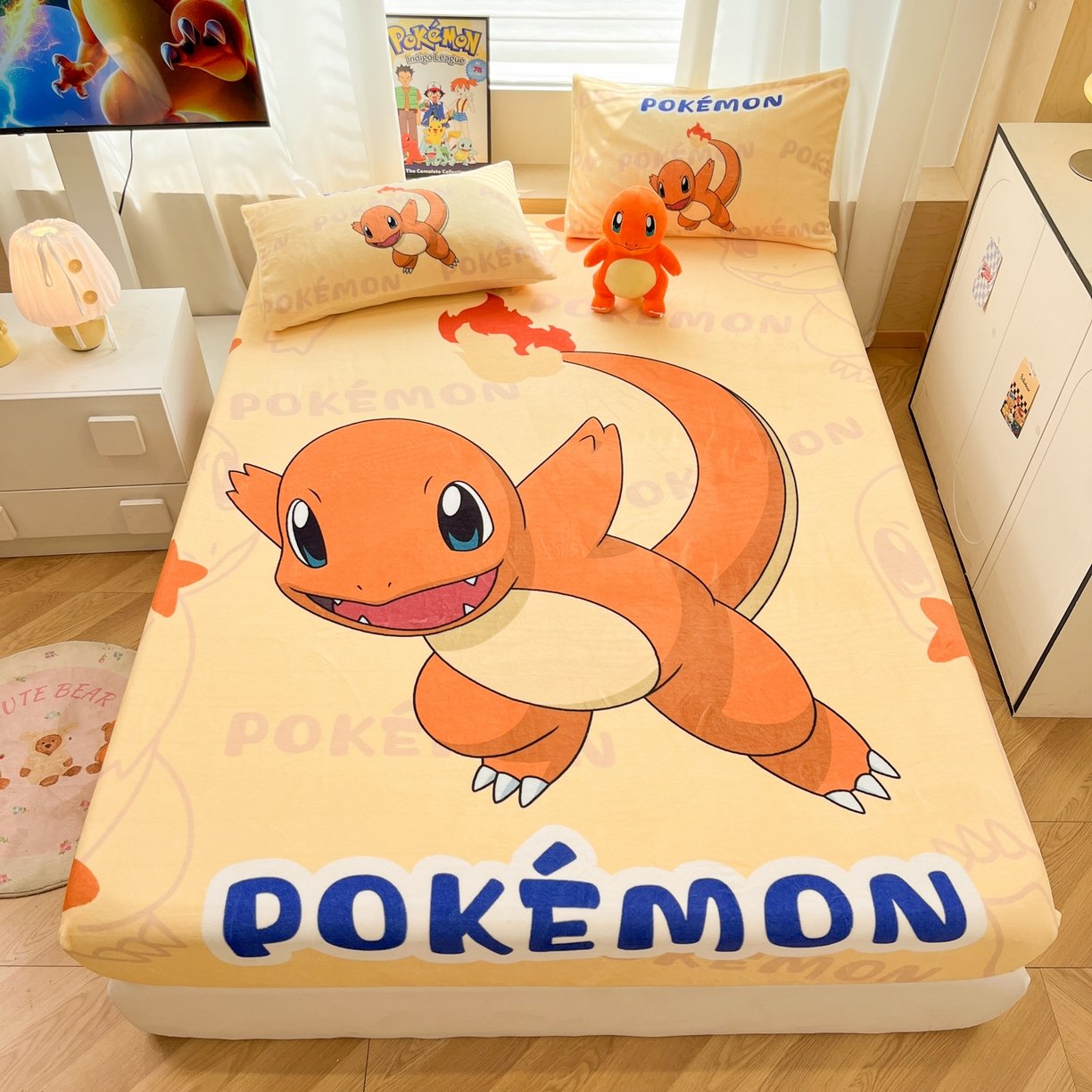 91家纺网 家纺一手货源 找家纺 暮思家居 2025新款正版授权宝可梦大版牛奶绒数码印花单品床笠单件床笠(带标价格） 绒A版-欢乐喷火龙