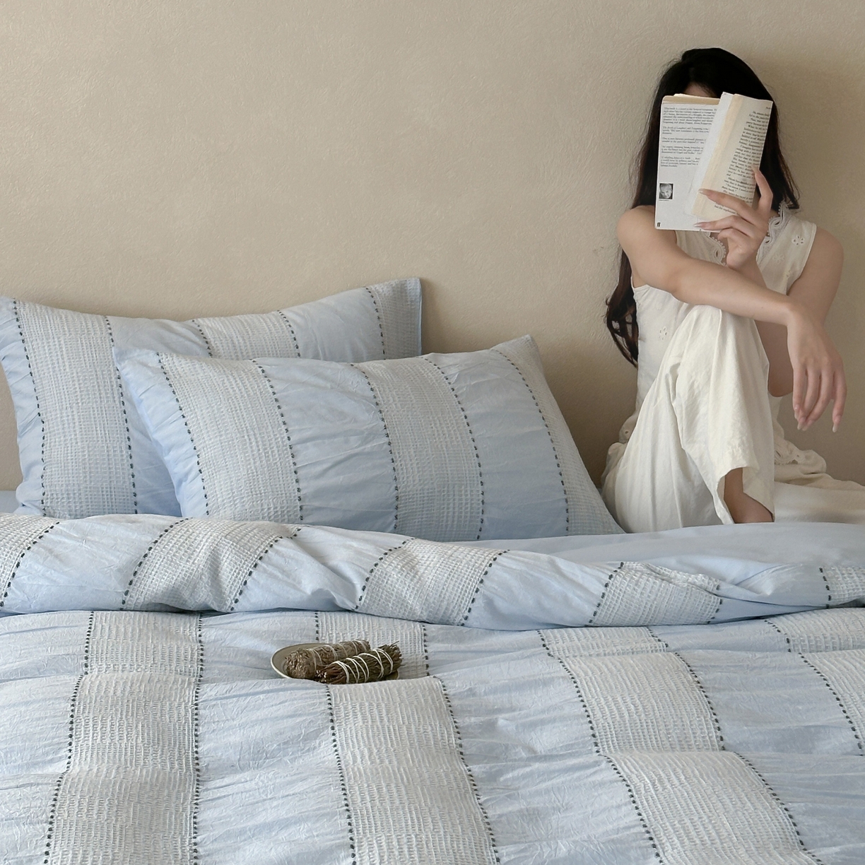 91家纺网 家纺一手货源 找家纺 云上 2025新款法式全棉纯棉串绳华夫格四件套 串绳-浅蓝