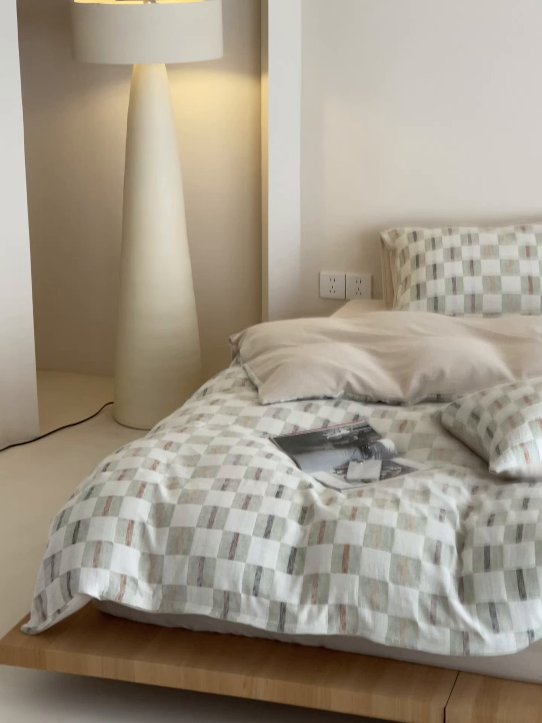 91家纺网 家纺一手货源 找家纺 云上 2025新款三层纱全棉纯棉色织大提花曲奇格子四件套 曲奇绿格