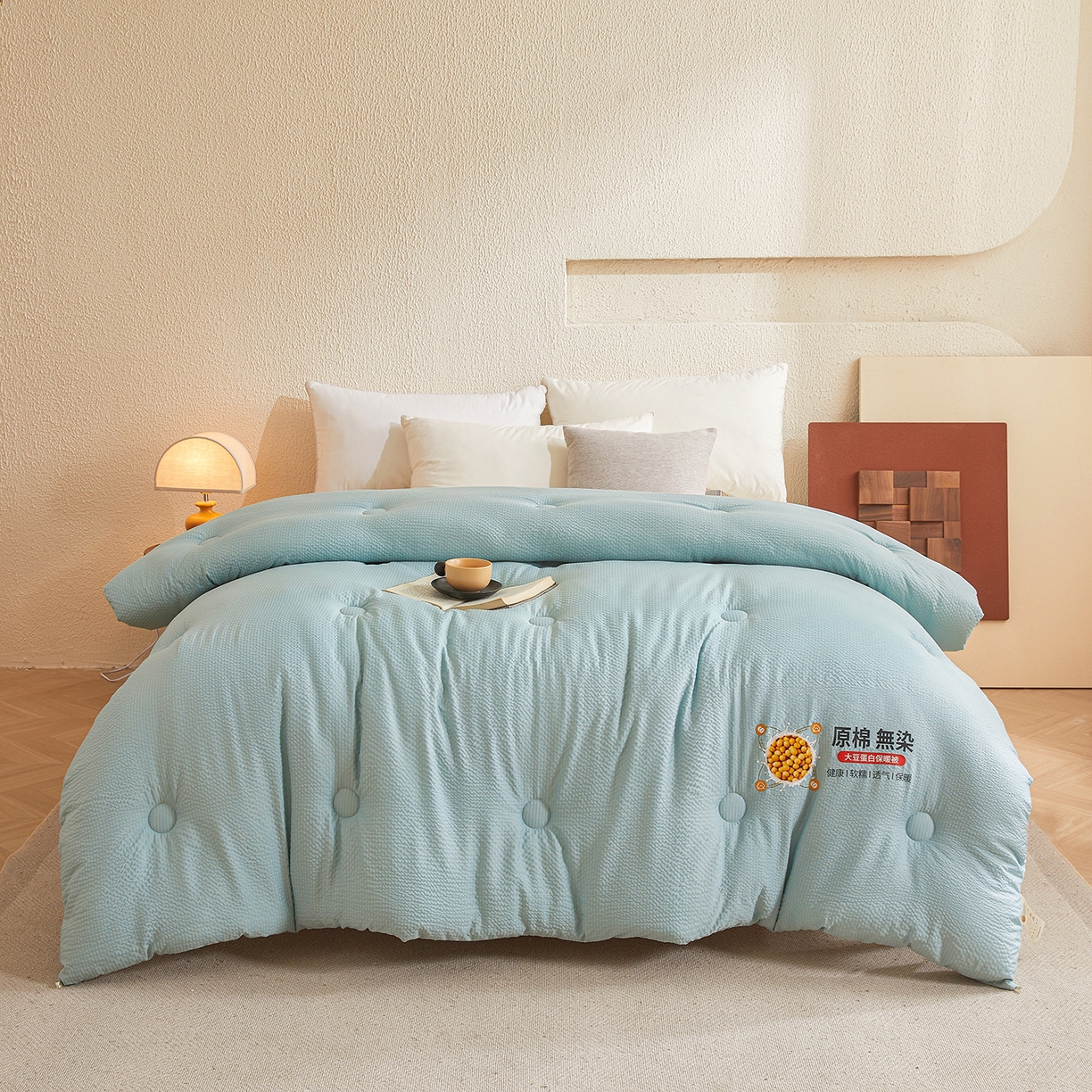 91家纺网 家纺一手货源 找家纺 合纵跨境工厂 2025秋冬新款7A抗菌A类大豆纤维被子被芯跨境外贸一件代发亚马逊希音包过核价-提花皱皱纱大豆纤维被 海冰蓝