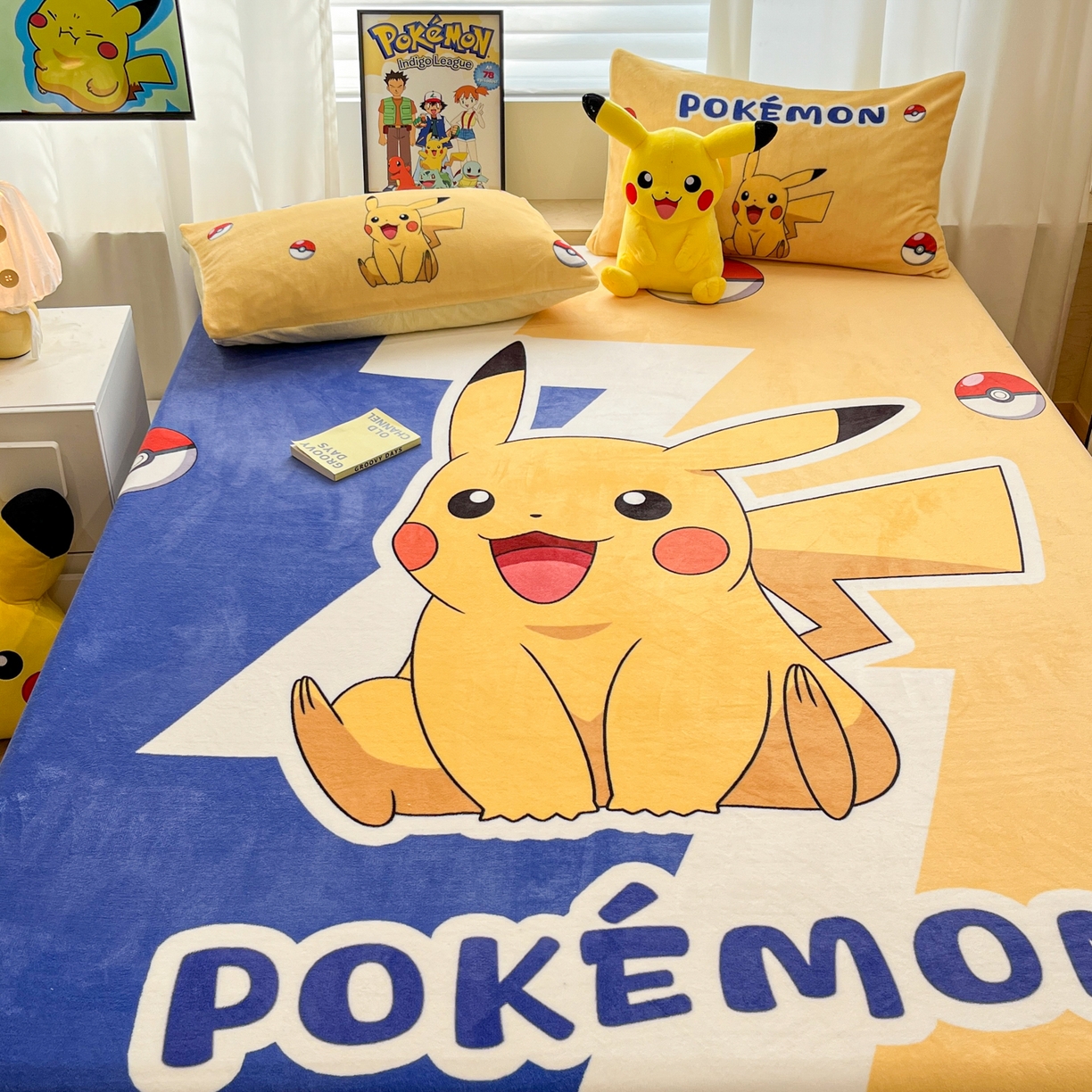 91家纺网 家纺一手货源 找家纺 暮思家居 2025新款正版授权宝可梦大版牛奶绒数码印花单品床笠单件床笠(带标价格） 绒A版-闪电皮卡丘