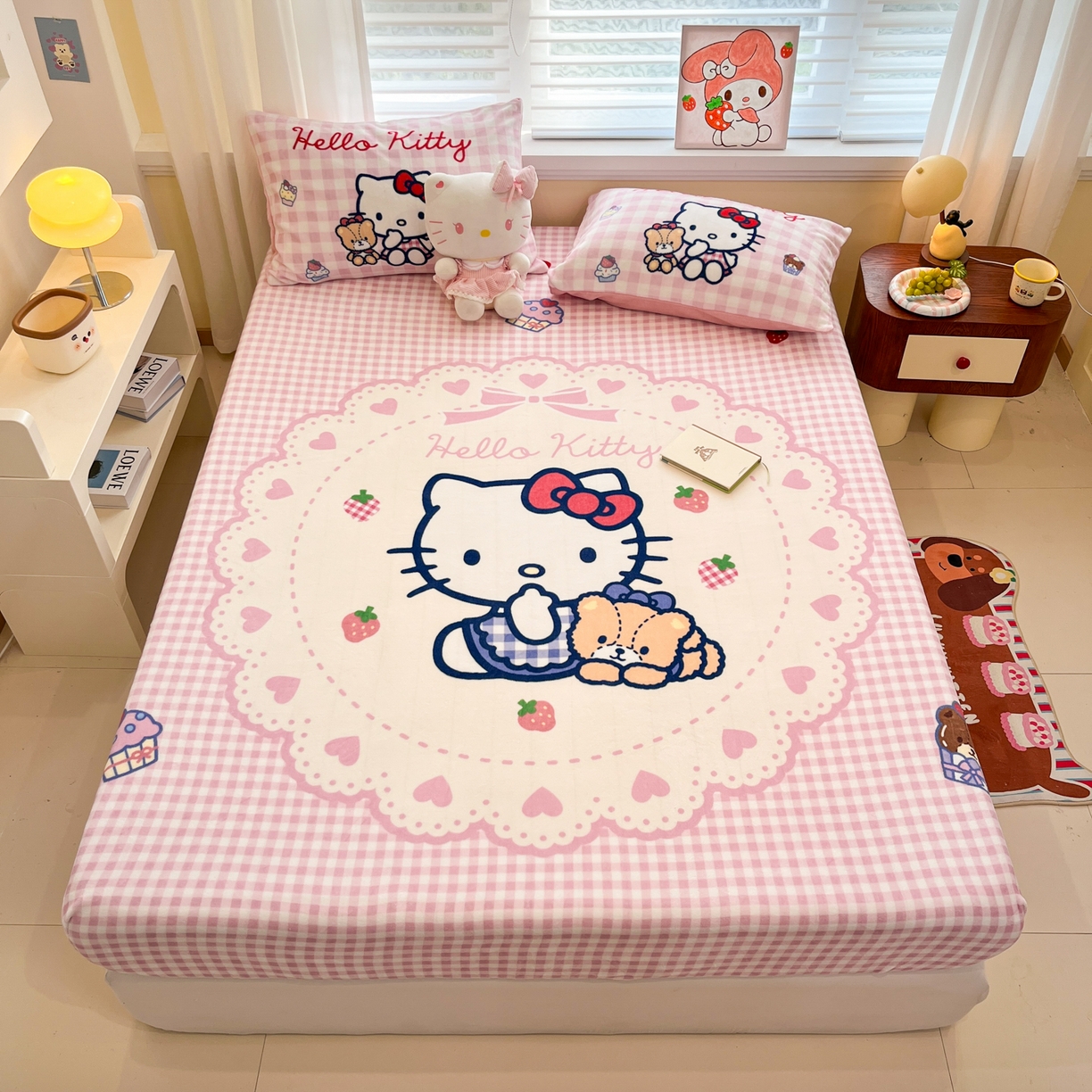 91家纺网 家纺一手货源 找家纺 金爱家 2025新款大版三丽鸥高克重牛奶绒保暖床笠 绒单品-奶油kt