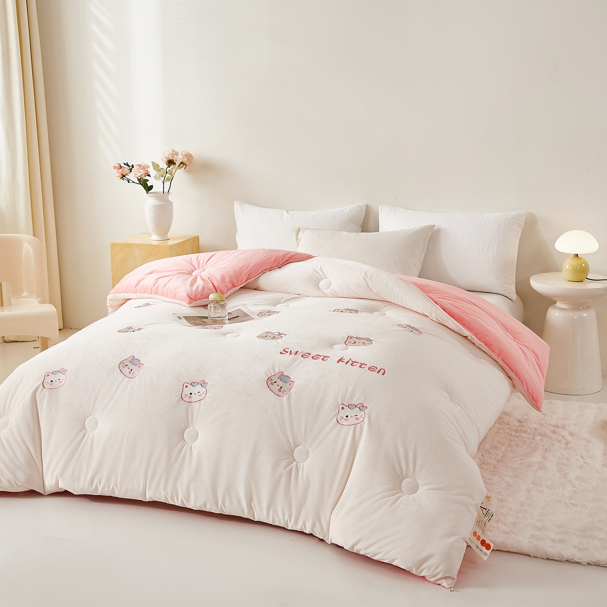 91家纺网 家纺一手货源 找家纺 合纵跨境工厂 2025秋冬新款恒温大豆被子被芯跨境外贸一件代发亚马逊希音包过核价-刺绣零压绒恒温大豆被 猫咪