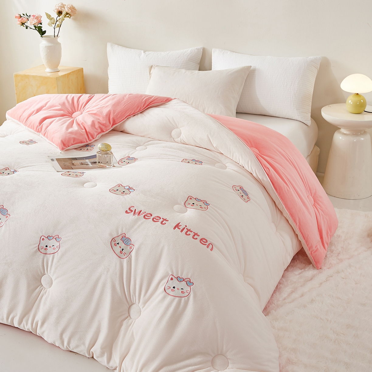 91家纺网 家纺一手货源 找家纺 合纵跨境工厂 2025秋冬新款恒温大豆被子被芯跨境外贸一件代发亚马逊希音包过核价-刺绣零压绒恒温大豆被 猫咪